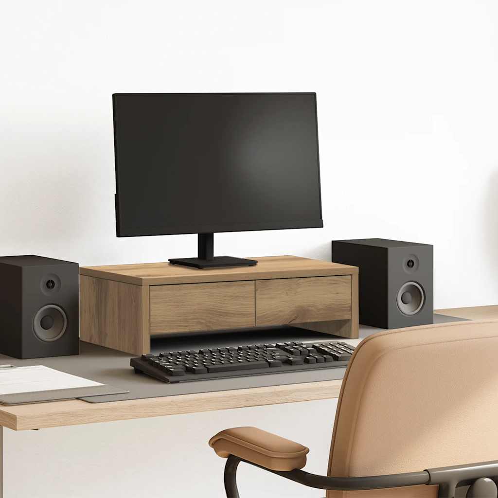 kézműves tölgy szerelt fa monitorállvány fiókokkal 50x27x15 cm