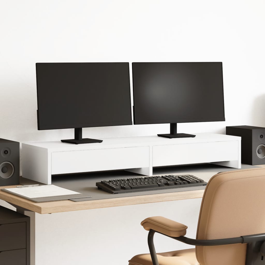 fehér monitorállvány fiókokkal, 100 x 27 x 15 cm, rétegelt fa
