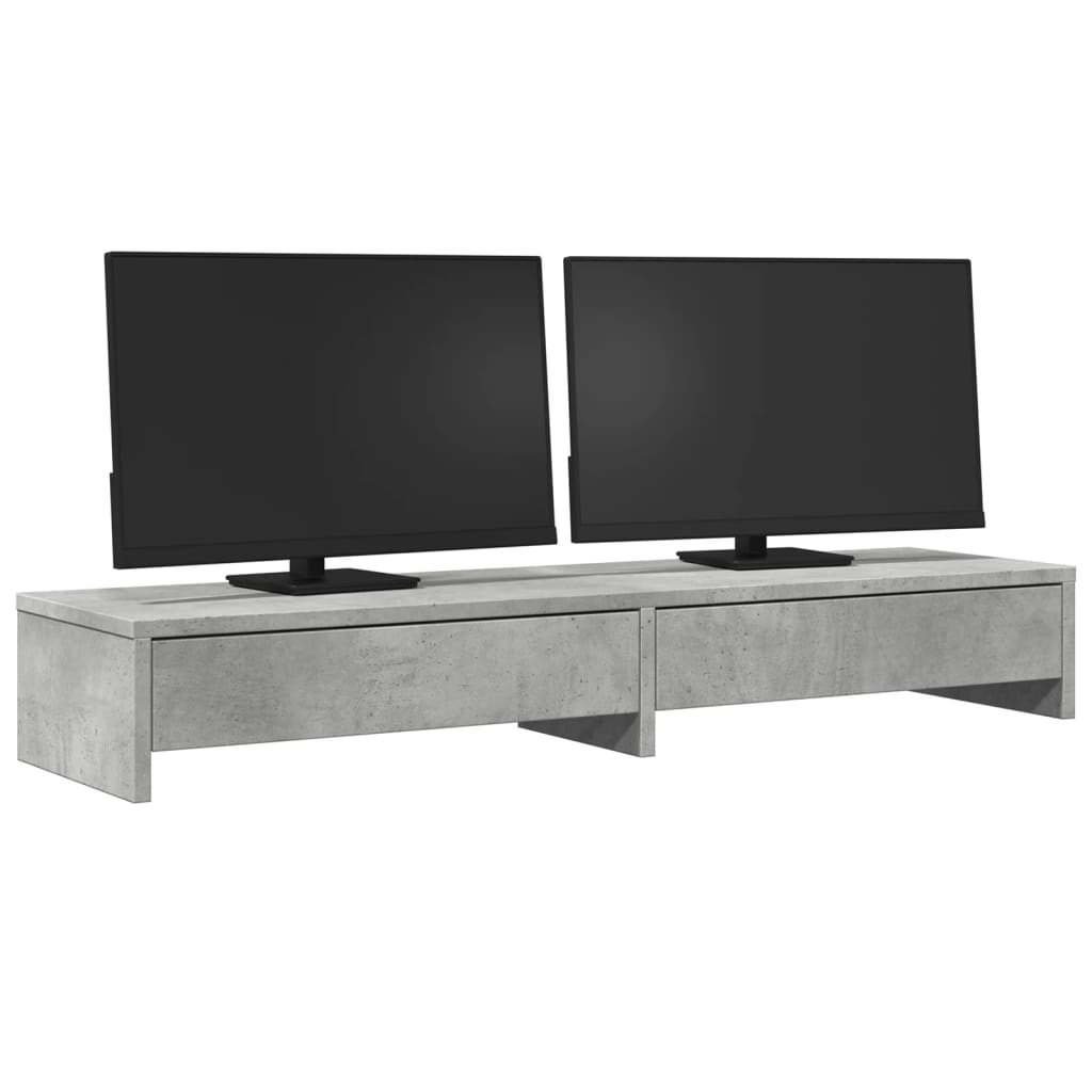 betonszürke szerelt fa monitorállvány fiókokkal 100x27x15 cm