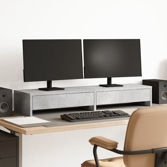 betonszürke szerelt fa monitorállvány fiókokkal 100x27x15 cm