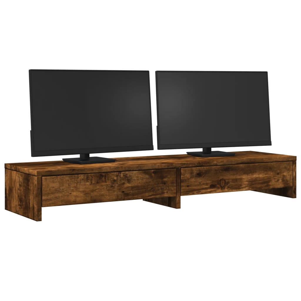 füstös tölgy szerelt fa monitorállvány fiókokkal 100x27x15 cm