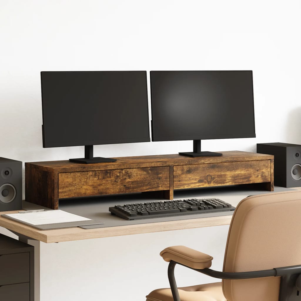 füstös tölgy szerelt fa monitorállvány fiókokkal 100x27x15 cm