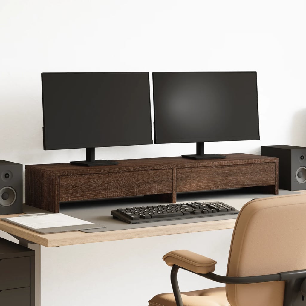 barna tölgy szerelt fa monitorállvány fiókokkal 100x27x15 cm