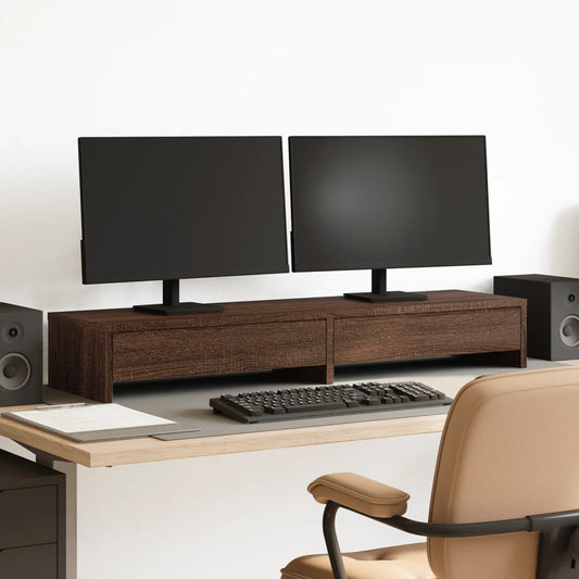 barna tölgy szerelt fa monitorállvány fiókokkal 100x27x15 cm