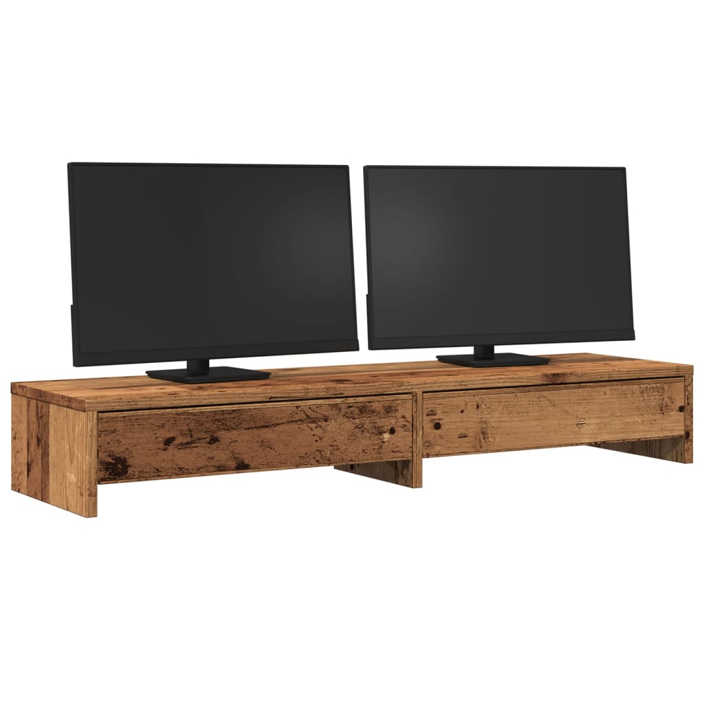 antik fa színű szerelt fa monitorállvány fiókokkal 100x27x15 cm