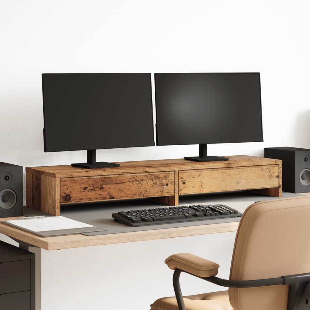 antik fa színű szerelt fa monitorállvány fiókokkal 100x27x15 cm