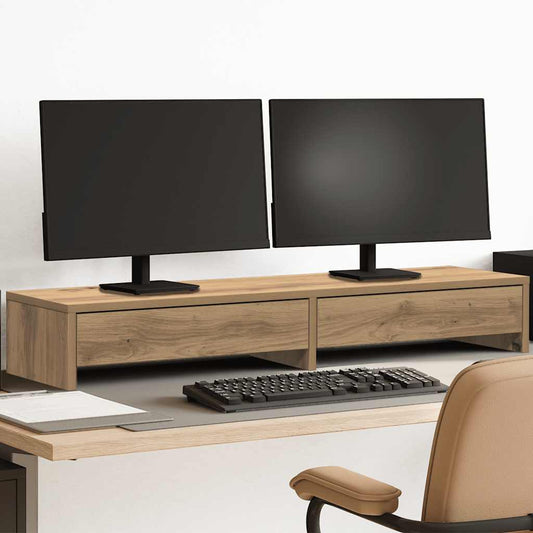 kézműves tölgy szerelt fa monitorállvány fiókokkal 100x27x15 cm