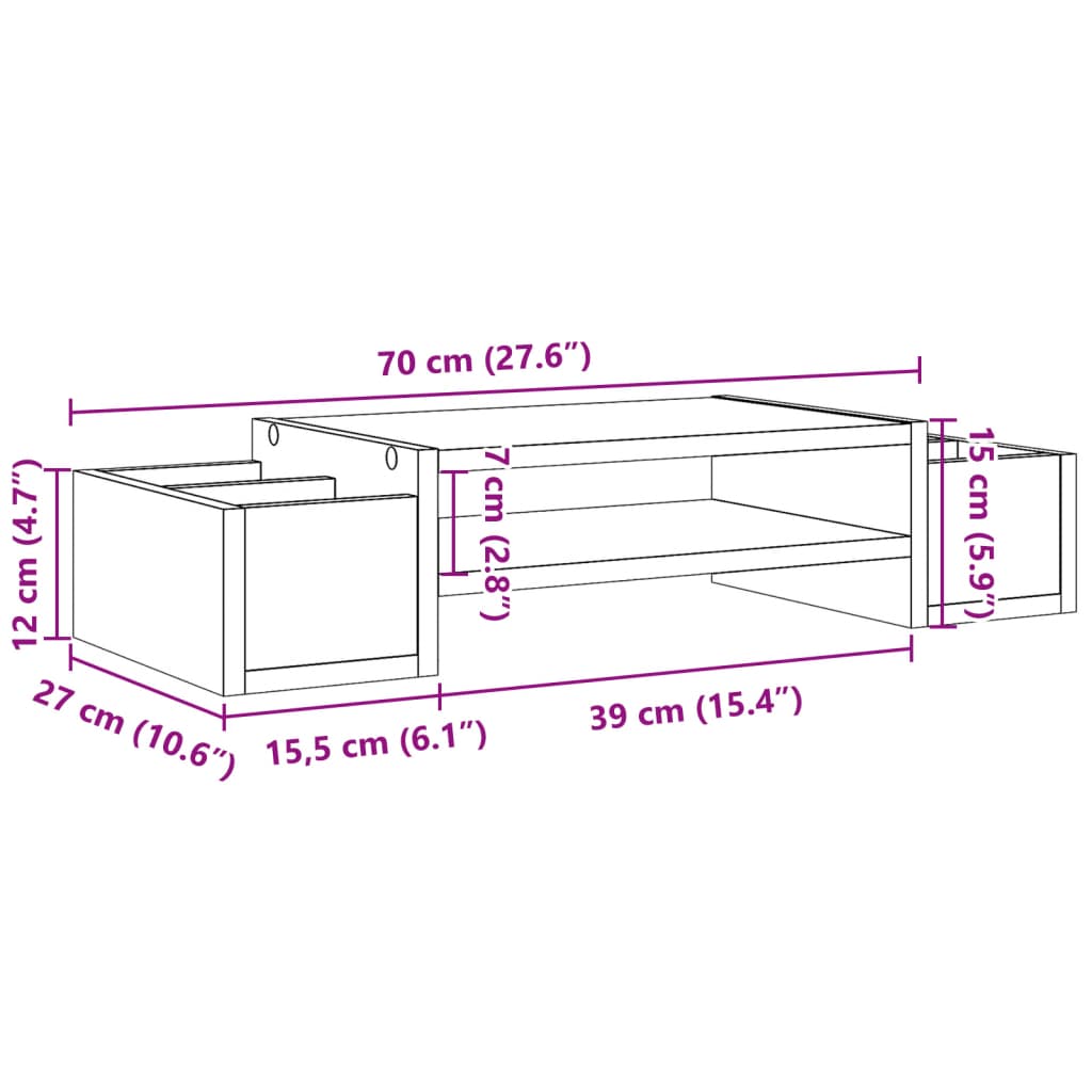 betonszürke szerelt fa monitorállvány tárolóval 70 x 27 x 15 cm