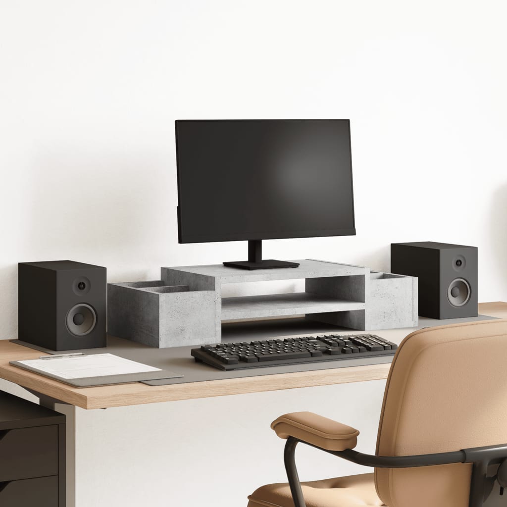 betonszürke szerelt fa monitorállvány tárolóval 70 x 27 x 15 cm