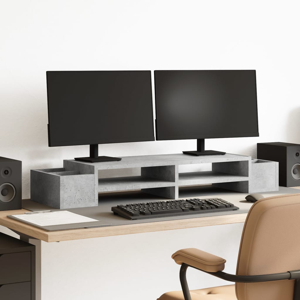 betonszürke szerelt fa monitorállvány tárolóval 100x27x15 cm