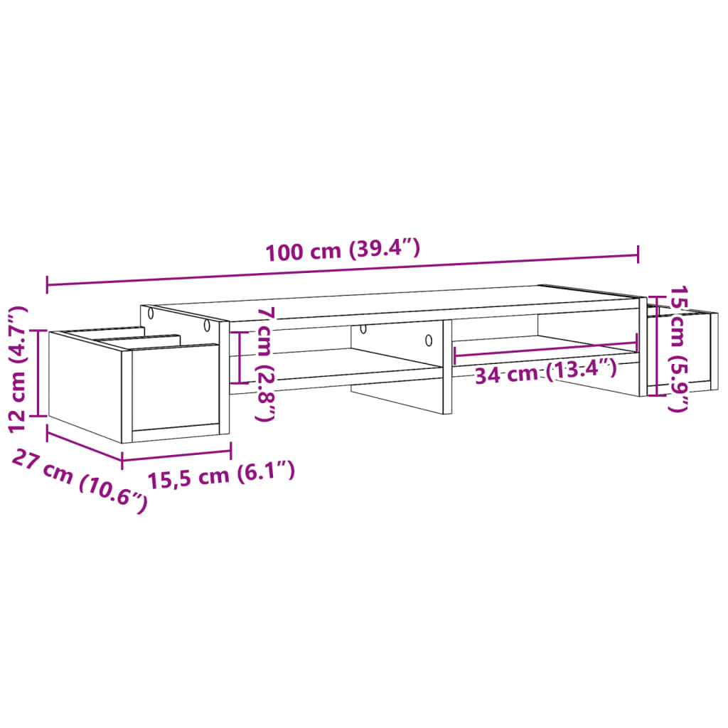 szürke sonoma szerelt fa monitorállvány tárolóval 100x27x15 cm