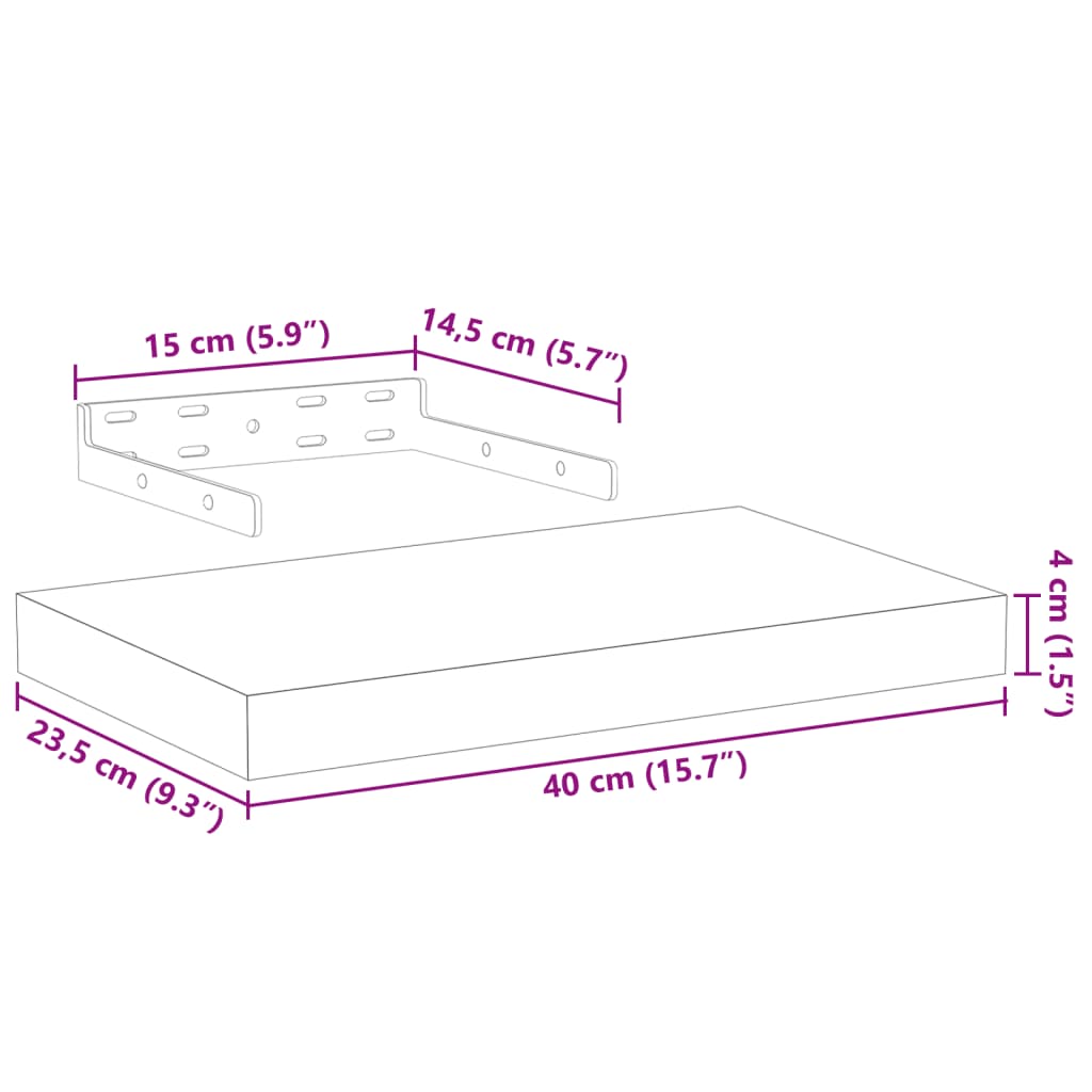 4 db szerelt fa függőpolc 40 x 23,5 x 4 cm