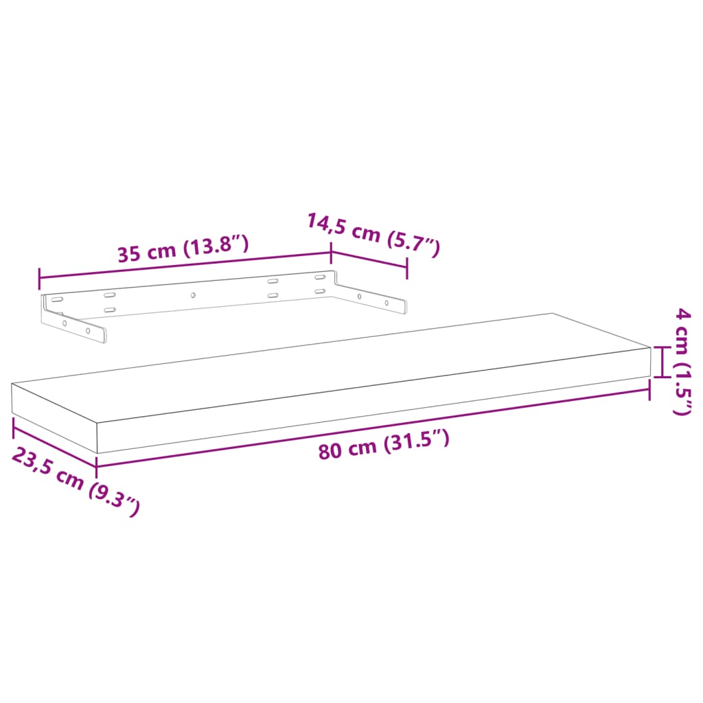 4 db szerelt fa függőpolc 80 x 23,5 x 4 cm
