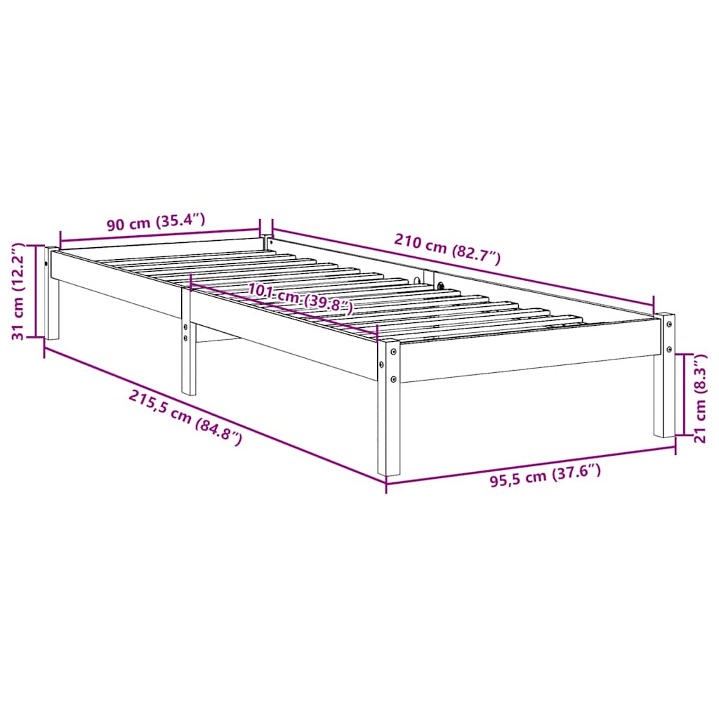 fehér tömör fenyő extra hosszú ágykeret matrac nélkül 90x210 cm