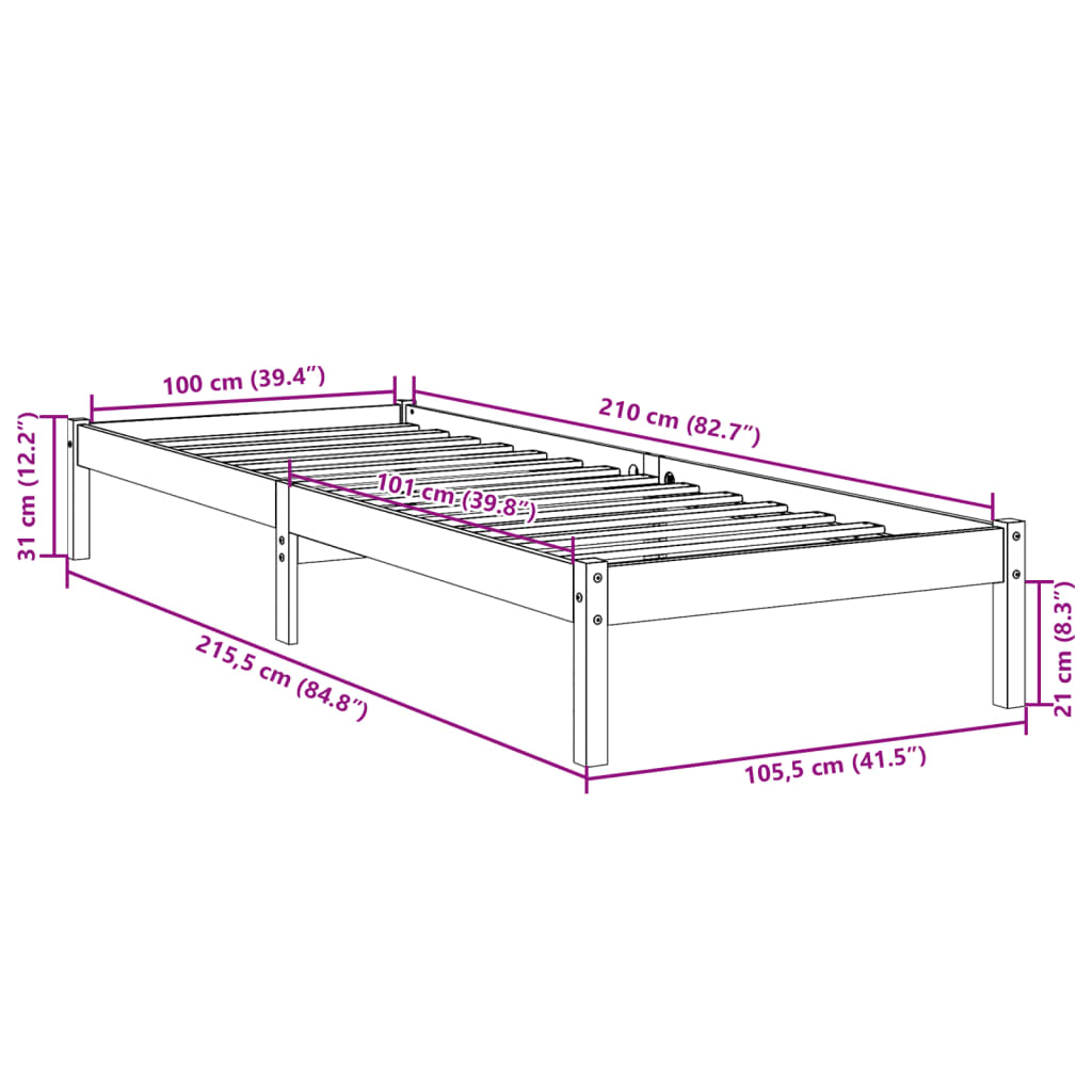 tömör fenyőfa extra hosszú ágykeret matrac nélkül 100 x 210 cm
