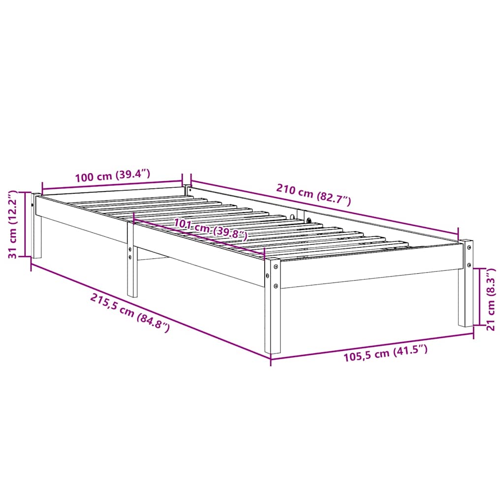 fehér tömör fenyő extra hosszú ágykeret matrac nélkül 100x210cm