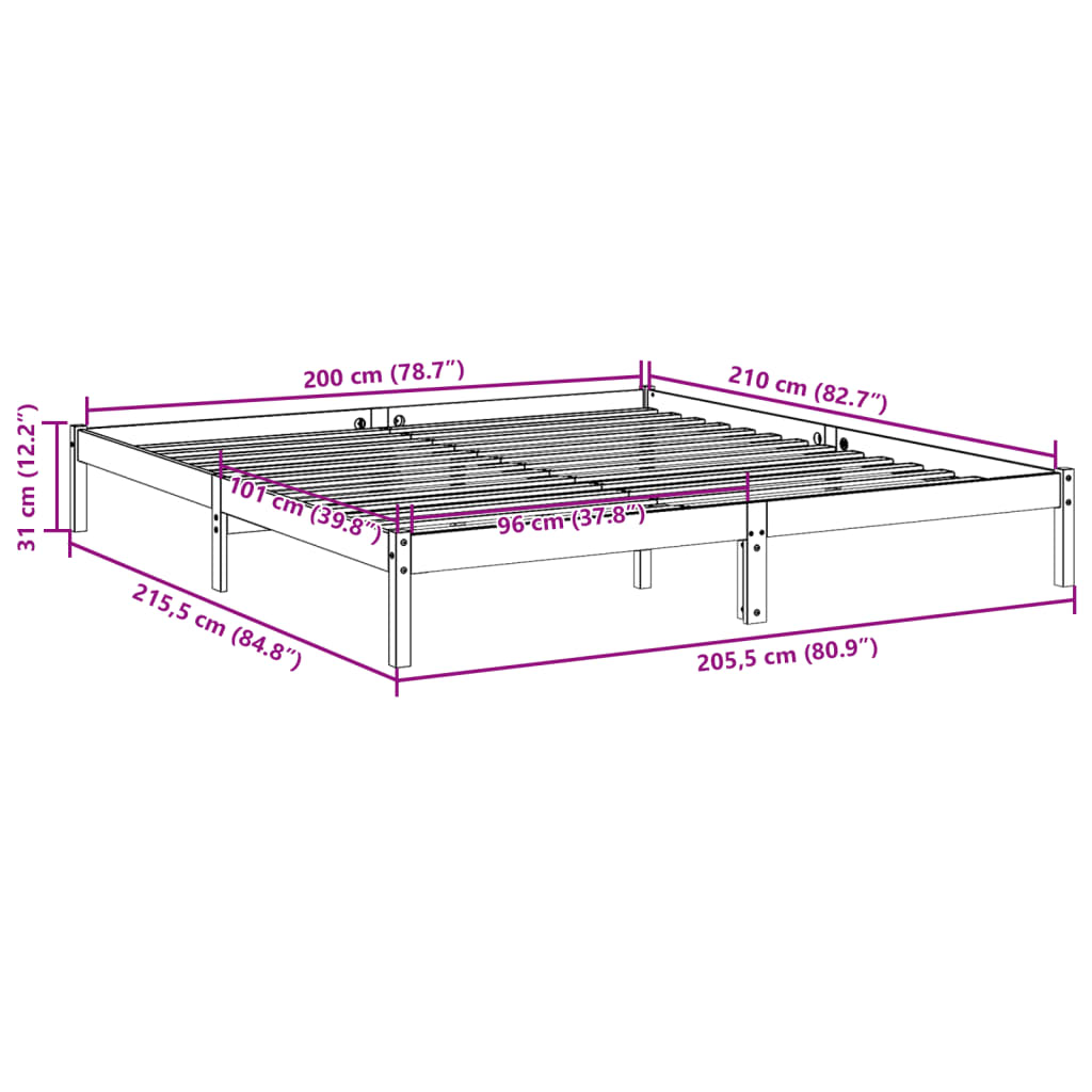tömör fenyőfa extra hosszú ágykeret matrac nélkül 200 x 210 cm