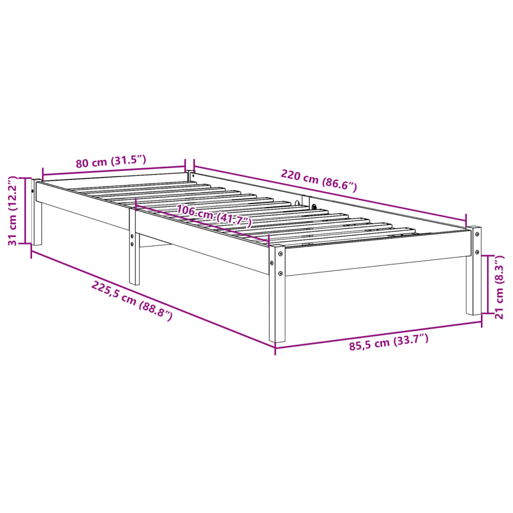 tömör fenyőfa extra hosszú ágykeret matrac nélkül 80 x 220 cm