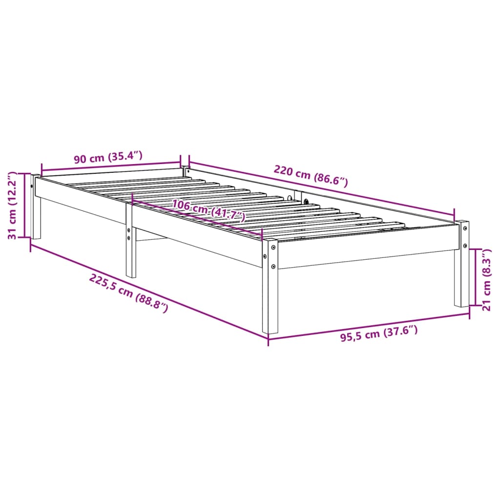fehér tömör fenyő extra hosszú ágykeret matrac nélkül 90x220 cm