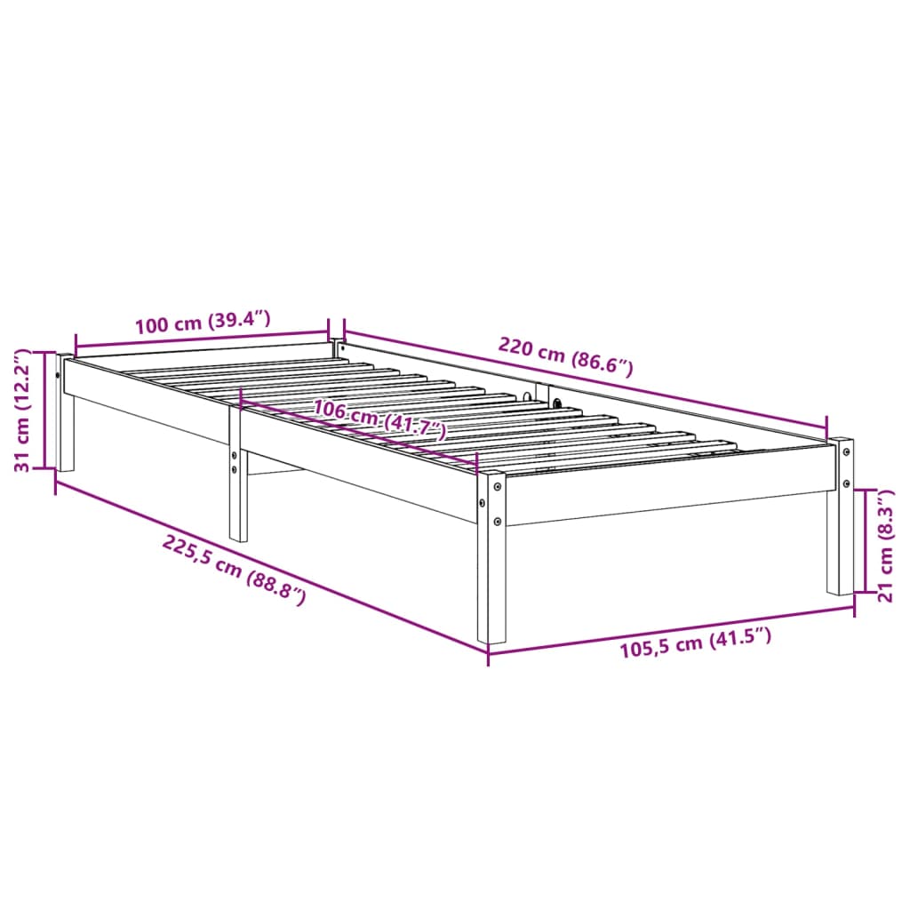 tömör fenyőfa extra hosszú ágykeret matrac nélkül 100 x 220 cm