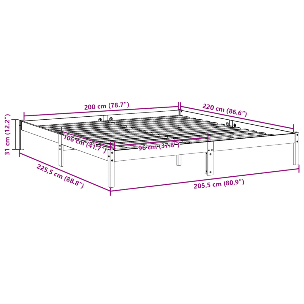 tömör fenyőfa extra hosszú ágykeret matrac nélkül 200 x 220 cm