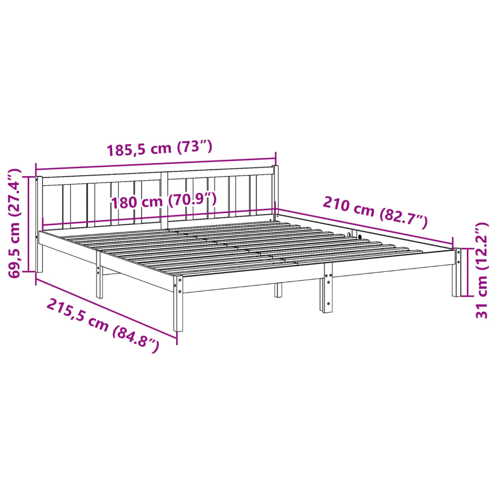 fehér tömör fenyő extra hosszú ágykeret matrac nélkül 180x210cm