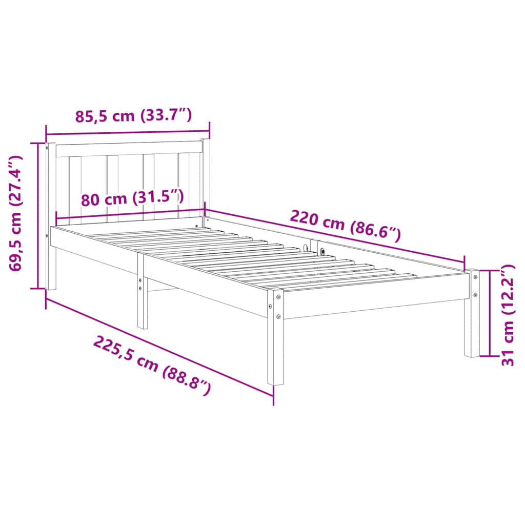 fehér tömör fenyő extra hosszú ágykeret matrac nélkül 80x220 cm