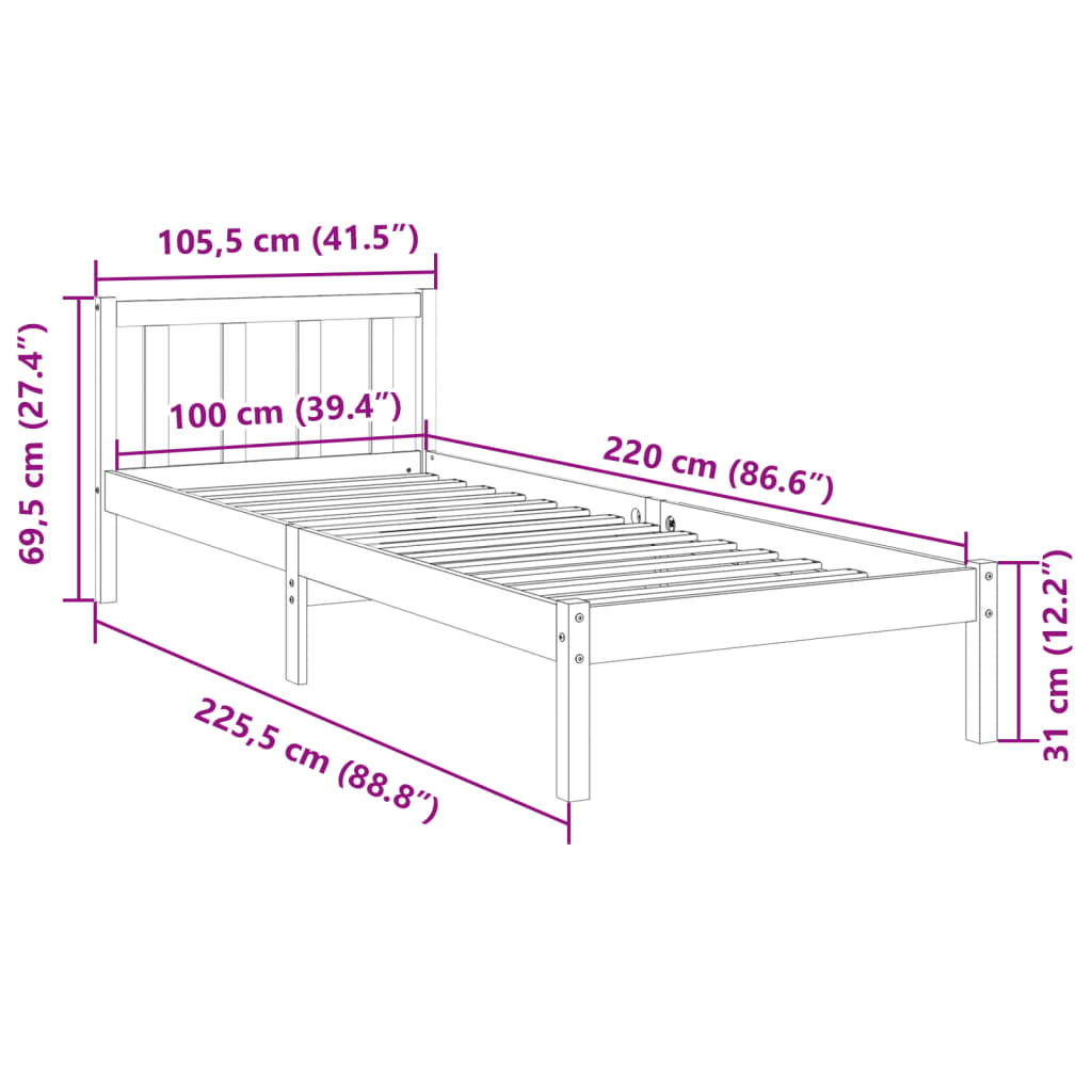tömör fenyőfa extra hosszú ágykeret matrac nélkül 100 x 220 cm