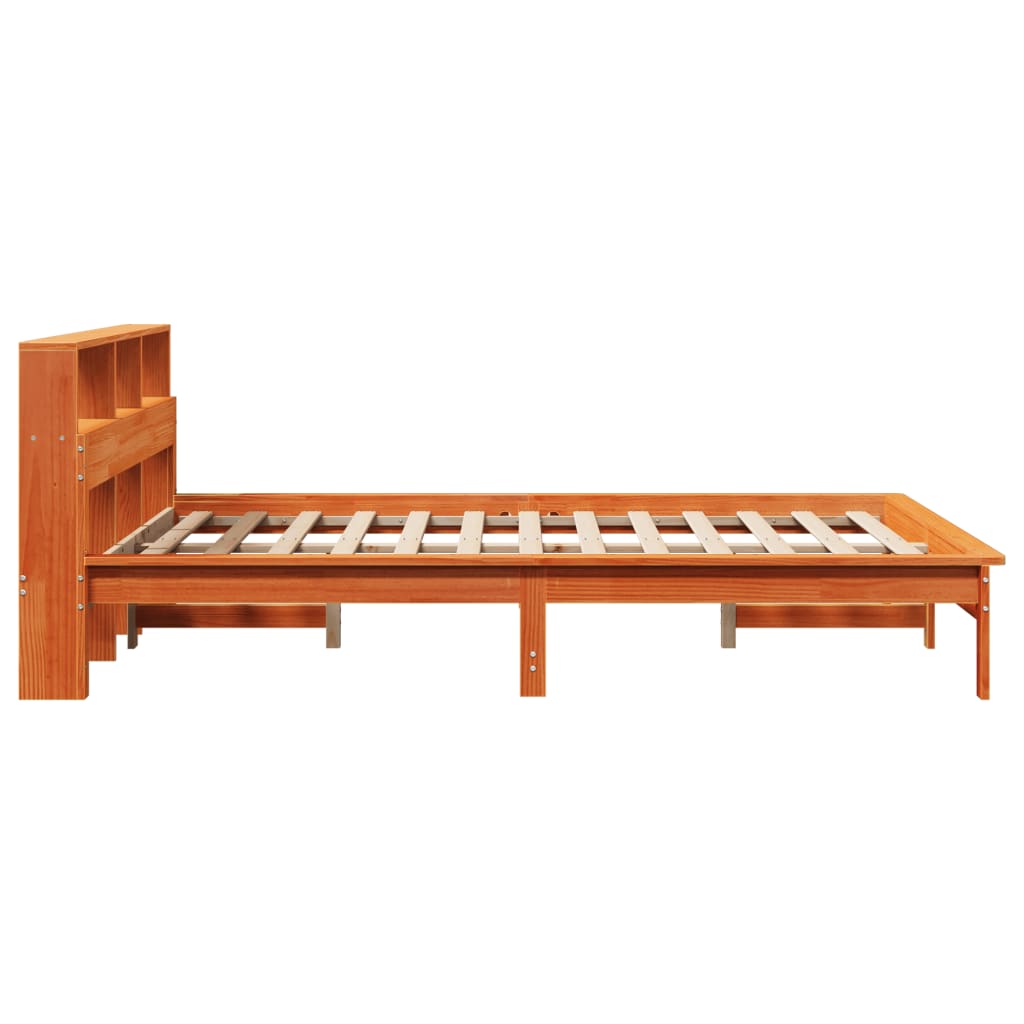 barna tömör fenyőfa könyvespolcos ágy matrac nélkül 120 x 200cm