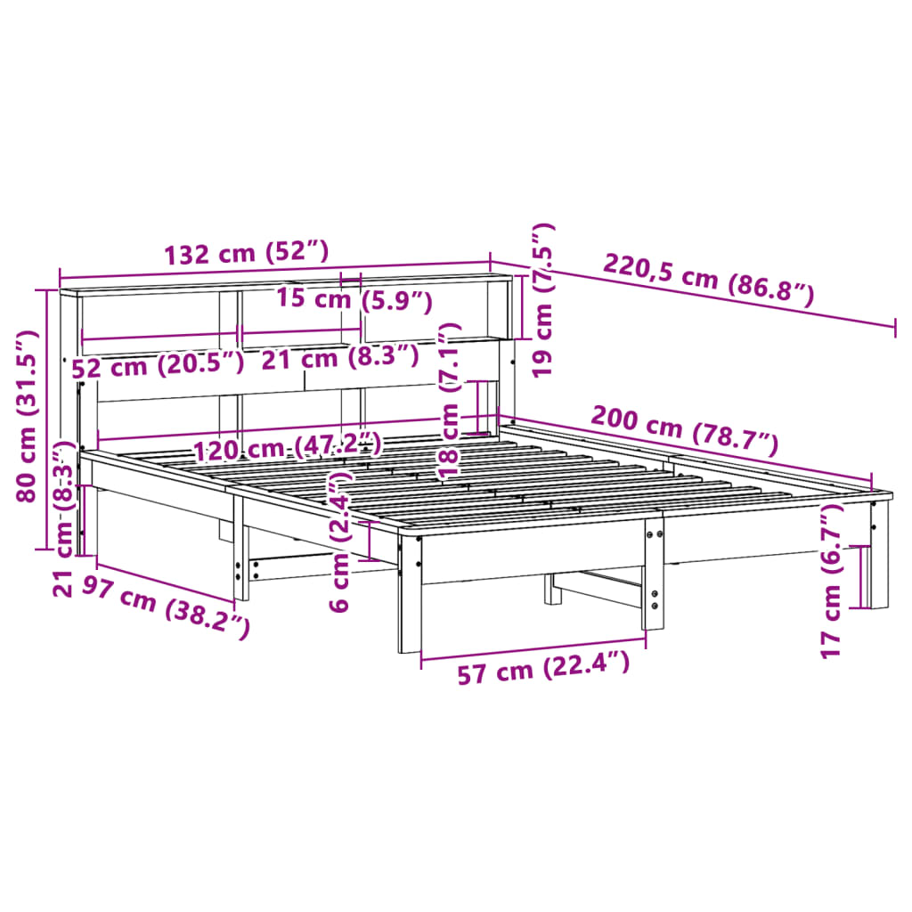 barna tömör fenyőfa könyvespolcos ágy matrac nélkül 120 x 200cm