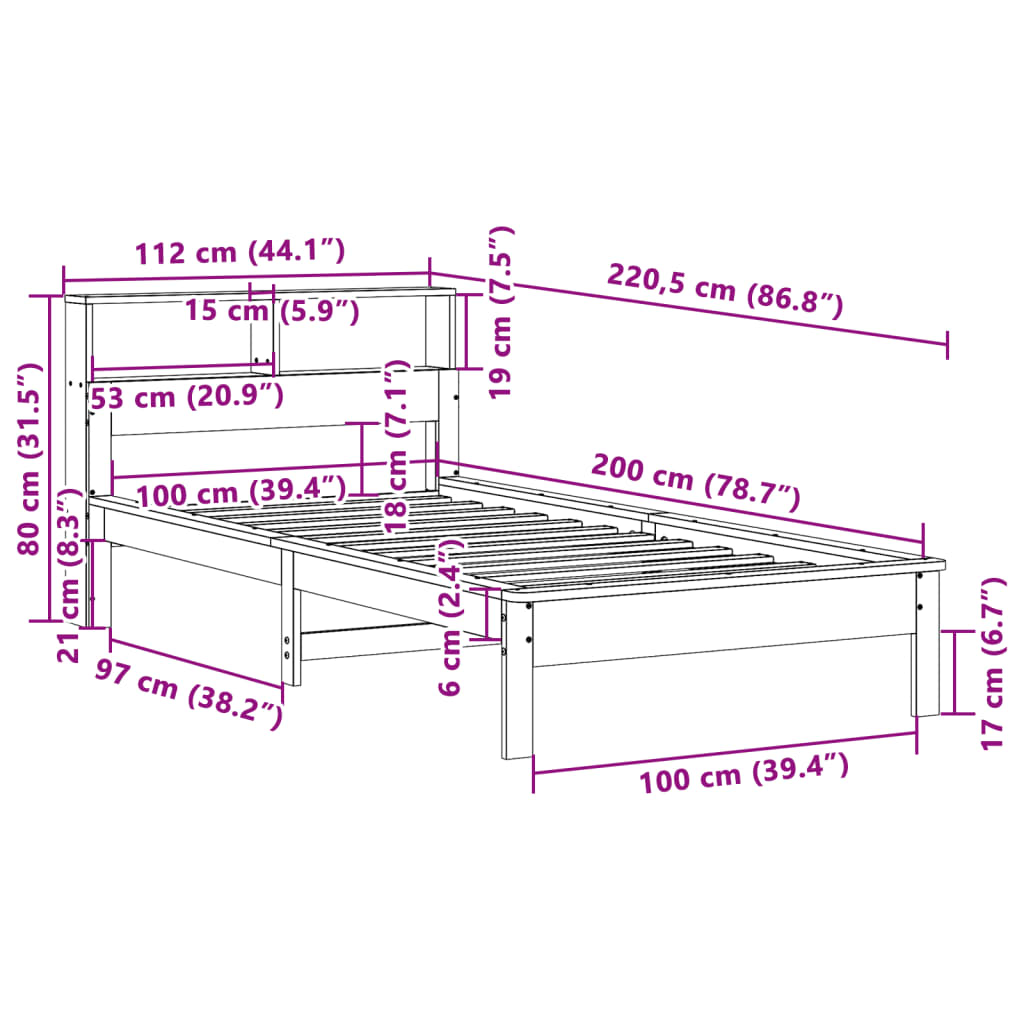 fehér tömör fenyőfa könyvespolcos ágy matrac nélkül 100x200 cm