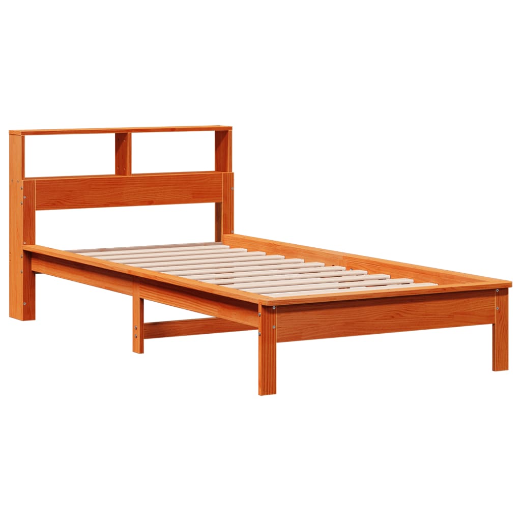 barna tömör fenyőfa könyvespolcos ágy matrac nélkül 90 x 200 cm