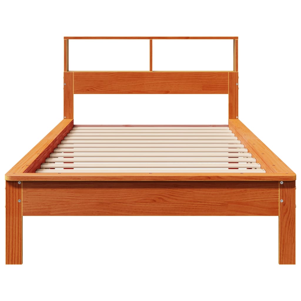 barna tömör fenyőfa könyvespolcos ágy matrac nélkül 90 x 200 cm