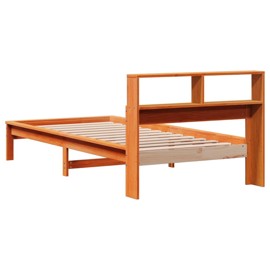 barna tömör fenyőfa könyvespolcos ágy matrac nélkül 90 x 200 cm