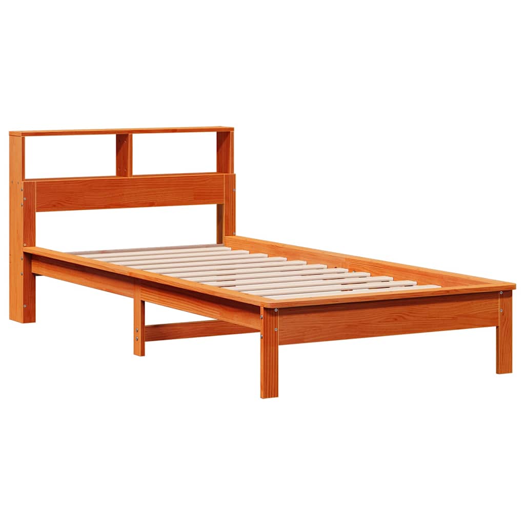 barna tömör fenyőfa könyvespolcos ágy matrac nélkül 75 x 190 cm