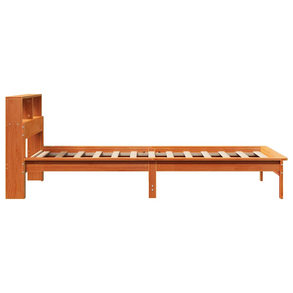 barna tömör fenyőfa könyvespolcos ágy matrac nélkül 75 x 190 cm