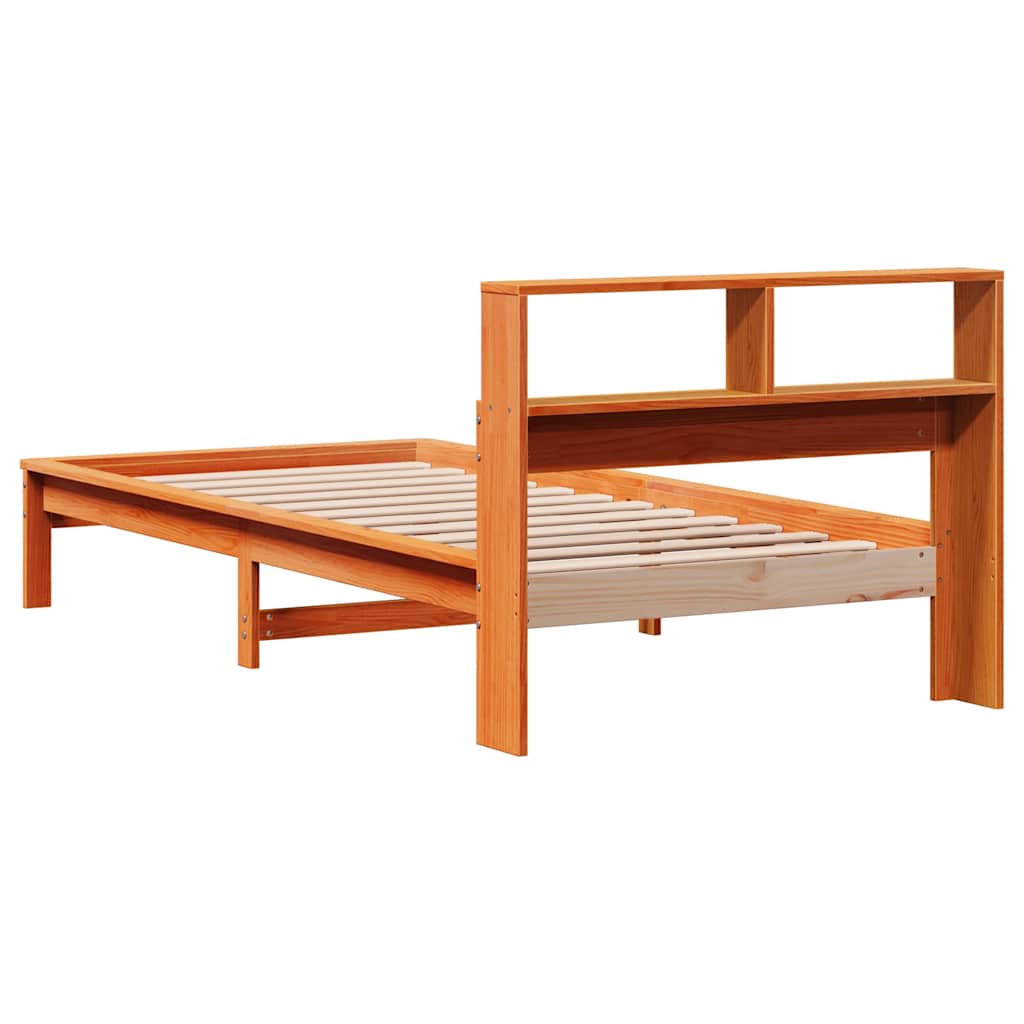 barna tömör fenyőfa könyvespolcos ágy matrac nélkül 75 x 190 cm