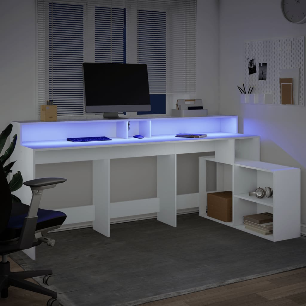 fehér szerelt fa íróasztal LED-világítással 200 x 104 x 91 cm