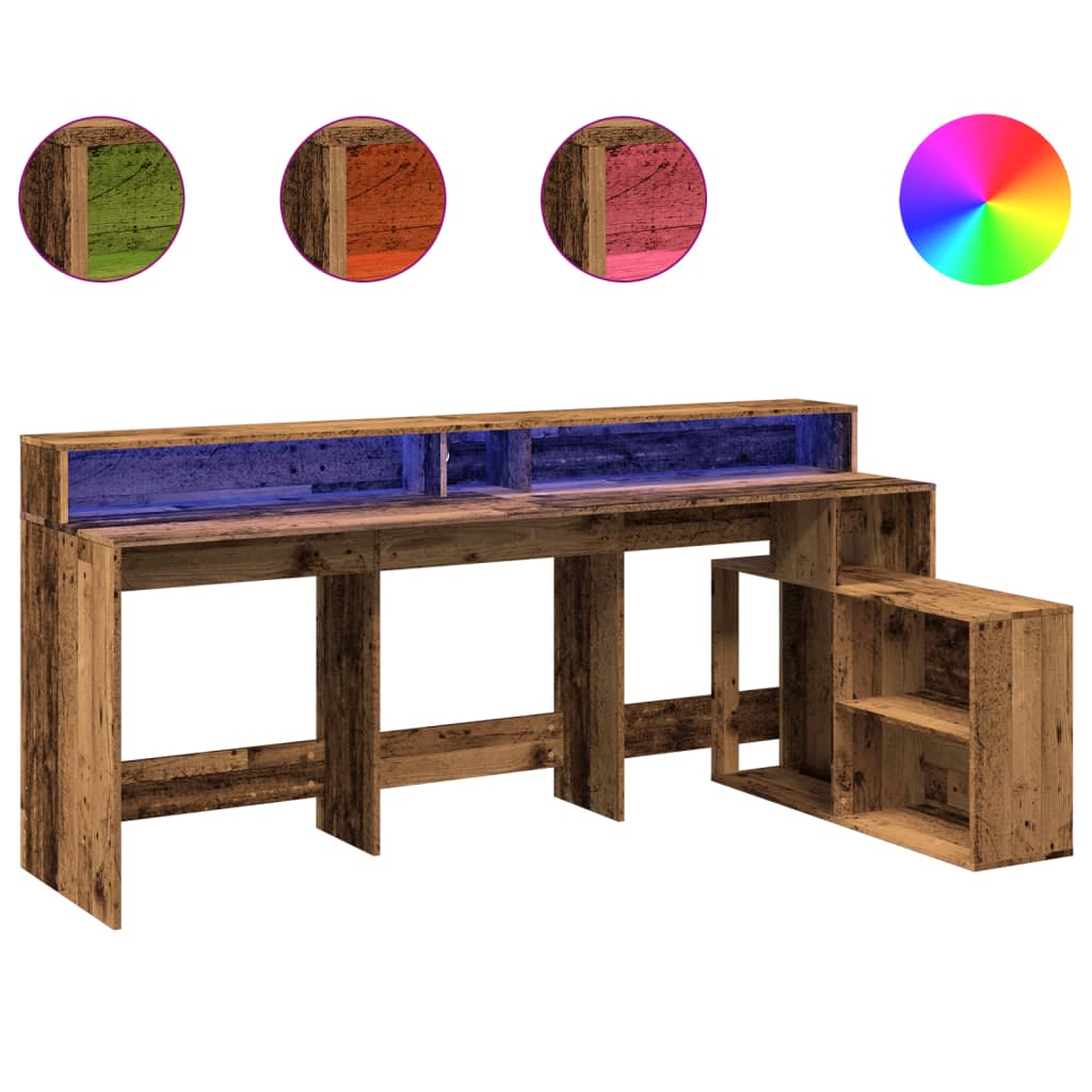 antik fa színű szerelt fa íróasztal LED-ekkel 200 x 104 x 91 cm