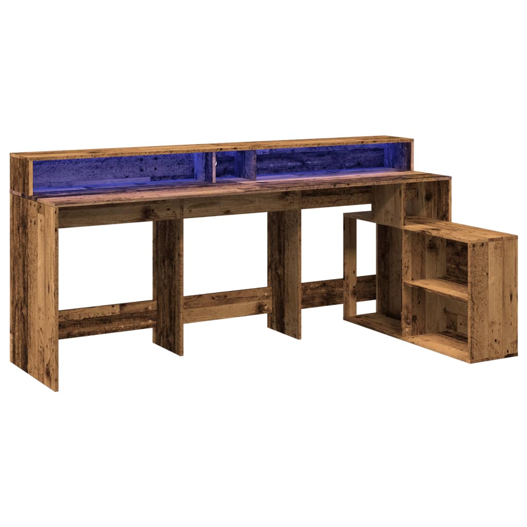 antik fa színű szerelt fa íróasztal LED-ekkel 200 x 104 x 91 cm