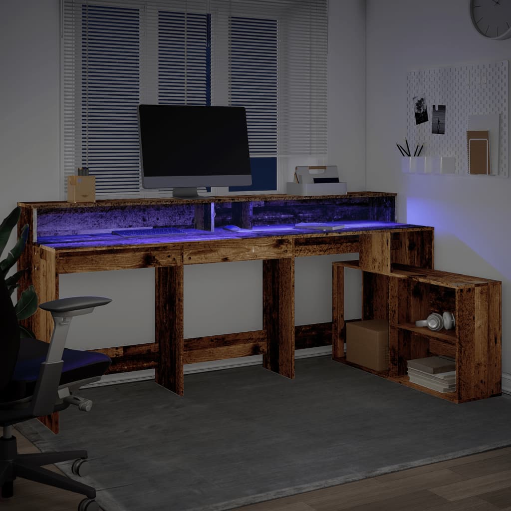 antik fa színű szerelt fa íróasztal LED-ekkel 200 x 104 x 91 cm