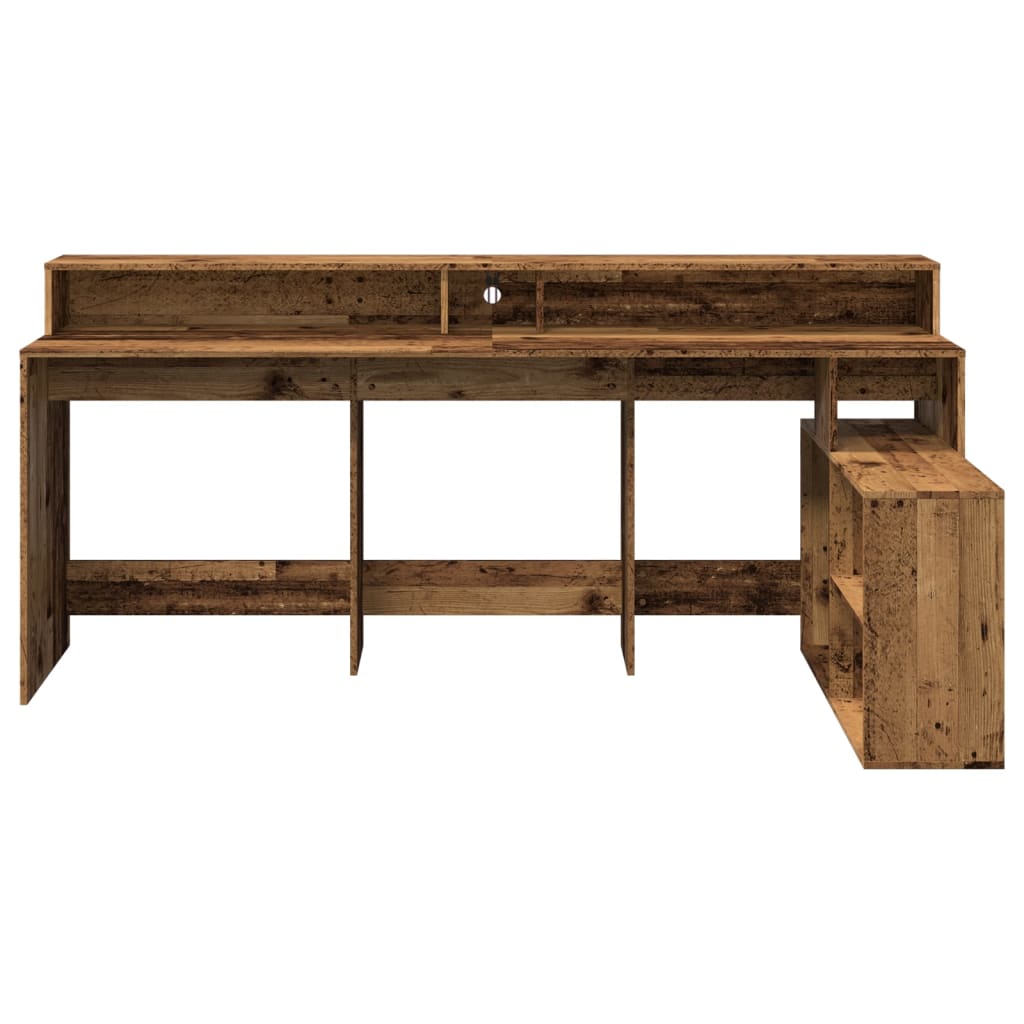 antik fa színű szerelt fa íróasztal LED-ekkel 200 x 104 x 91 cm