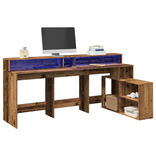 antik fa színű szerelt fa íróasztal LED-ekkel 200 x 104 x 91 cm