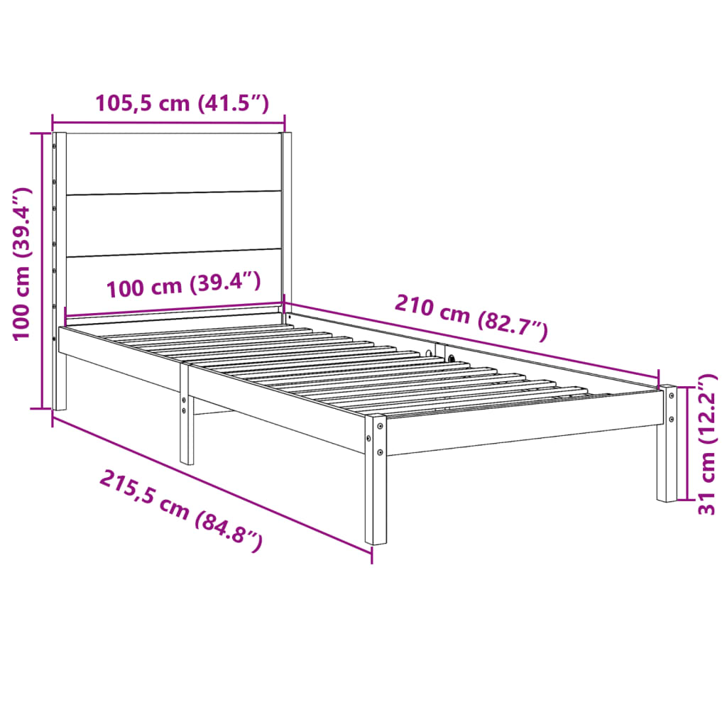 tömör fa extra hosszú ágykeret matrac nélkül 100 x 210 cm