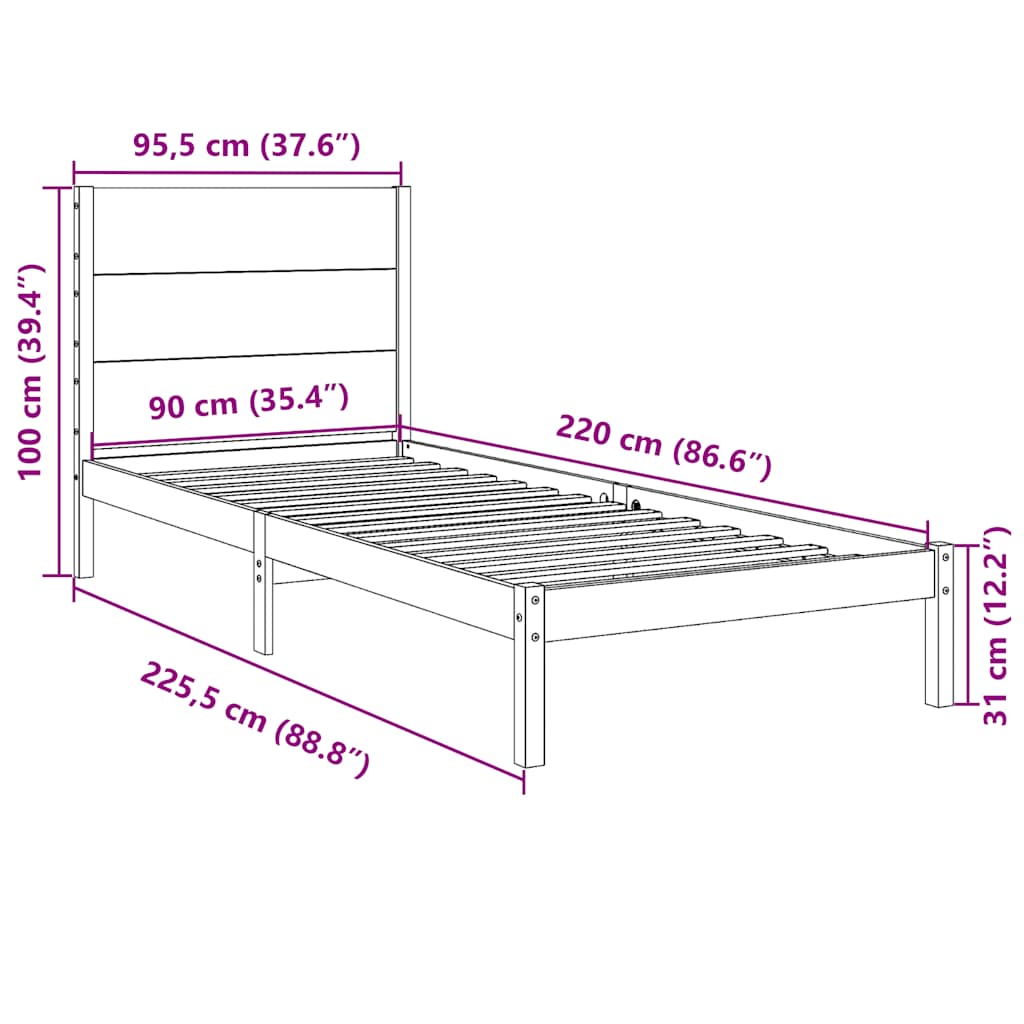 tömör fa extra hosszú ágykeret matrac nélkül 90 x 220 cm
