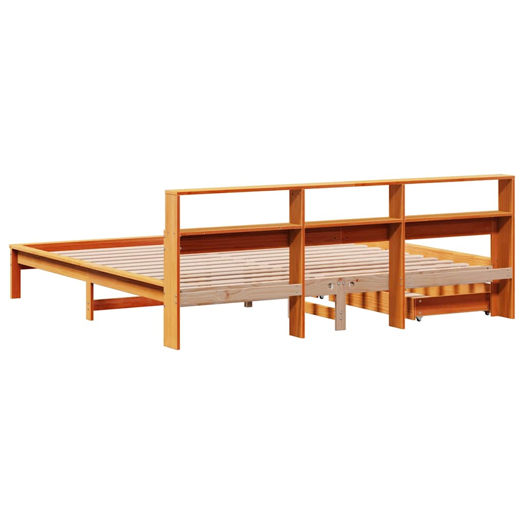 barna tömör fenyőfa könyvespolcos ágy matrac nélkül 200 x 200cm