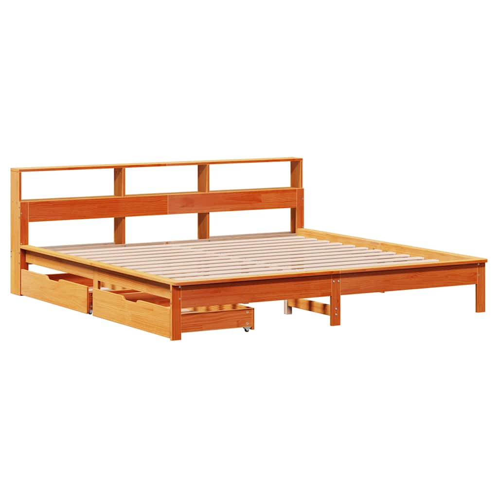 barna tömör fenyőfa könyvespolcos ágy matrac nélkül 180 x 200cm