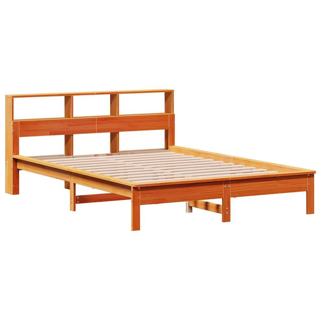 barna tömör fenyőfa könyvespolcos ágy matrac nélkül 160 x 200cm