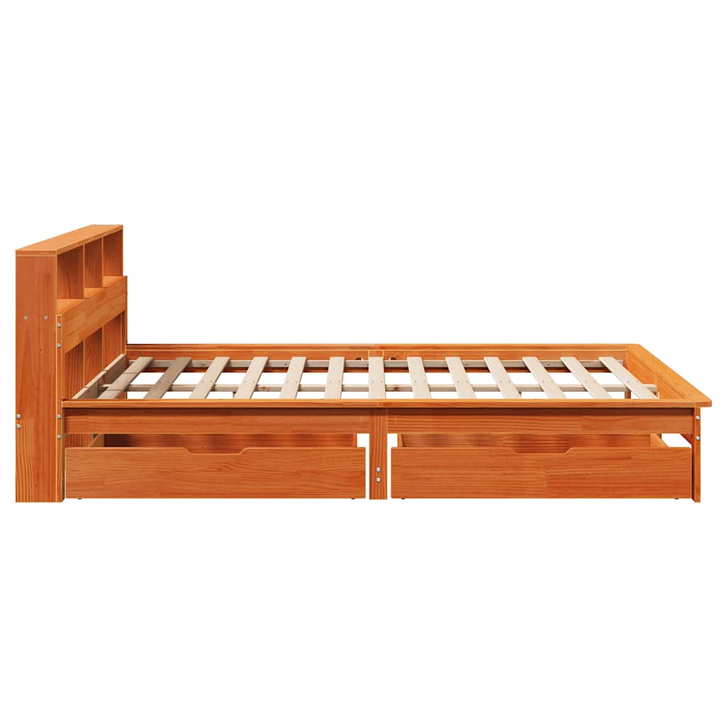 barna tömör fenyőfa könyvespolcos ágy matrac nélkül 140 x 200cm