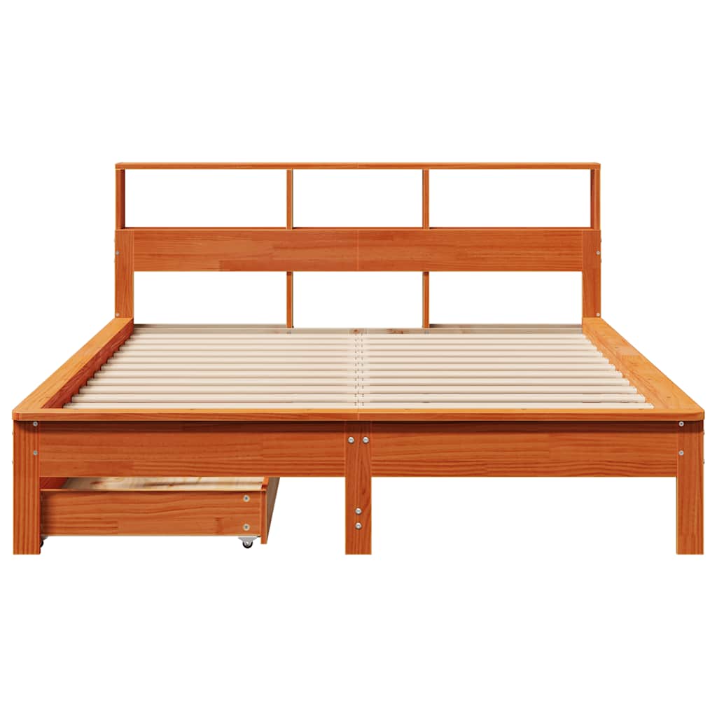 barna tömör fenyőfa könyvespolcos ágy matrac nélkül 120 x 200cm